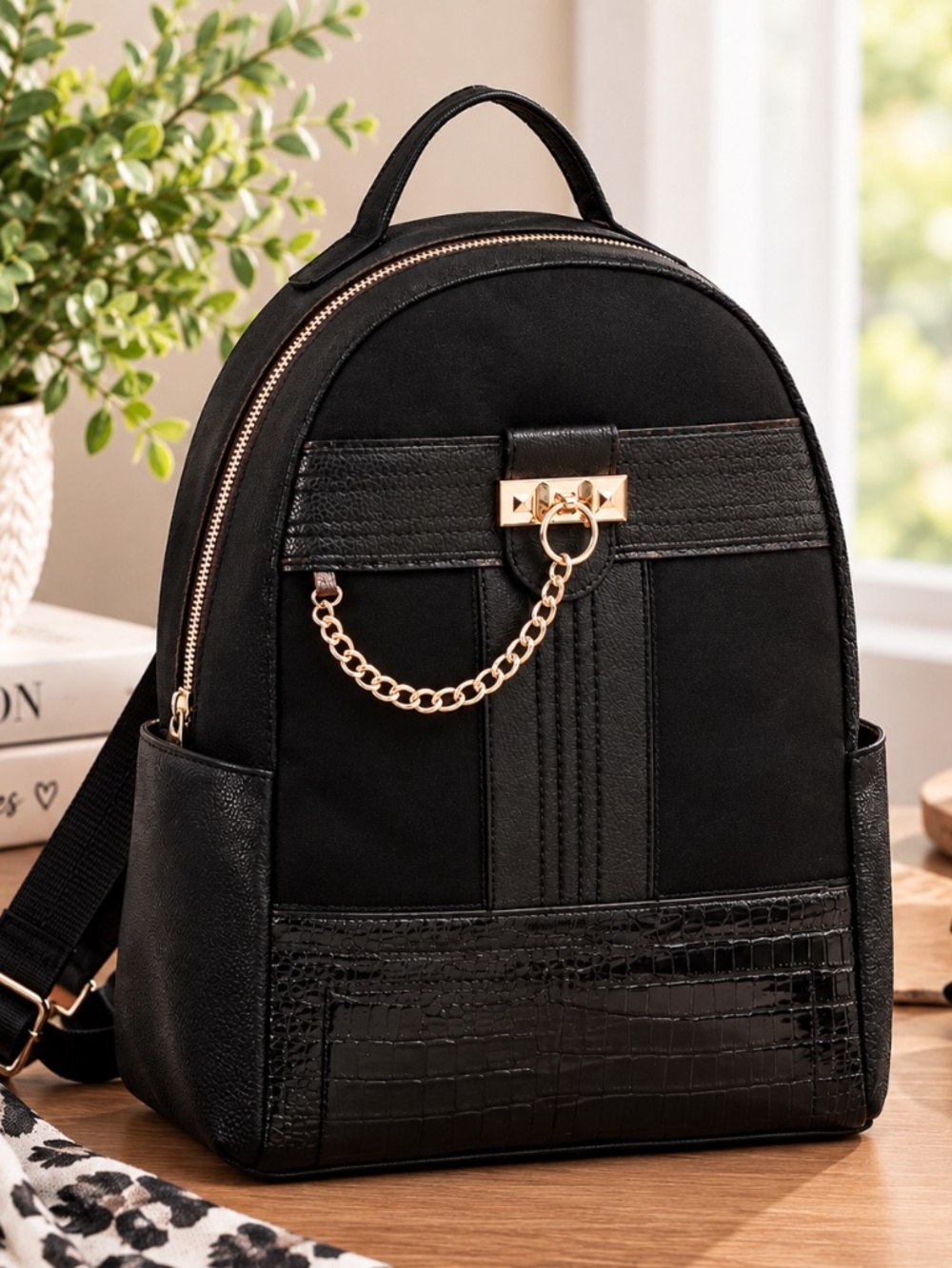 Call It Spring Black Backpack With Gold Chain Bag